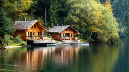 Obraz premium Charming wooden cabins on tranquil lake, surrounded by lush green trees, perfect for nature retreats and relaxation.