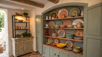 A cozy corner features an open shelving unit displaying a carefully curated collection of artisanal pottery where vibrant earthenware mingle with intricately patterned dishes