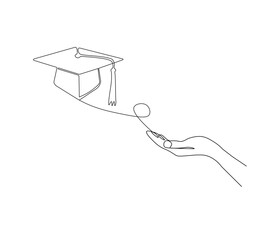 One continuous line drawing of hand with graduation cap. Studying thin symbol or logo in simple linear style. Concept vector art for university or college. Editable stroke. Doodle line illustration