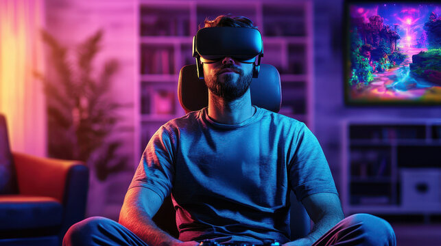Casual gamer using VR relaxed posture cozy in purple neon room enjoying game intensely