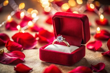 Valentine's Day Gift: Diamond Ring in Red Velvet Box with Rose Petals