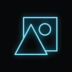 Neon blue glowing icon of a landscape photograph with a mountain and sun