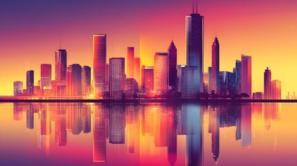 Obraz premium Vibrant city skyline at sunset, colorful reflections on water, modern architecture, urban life and tranquility theme, copy-space available