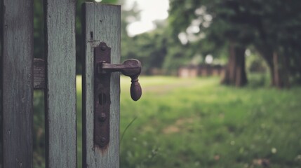 Rustic wooden gate ajar, revealing a verdant garden.