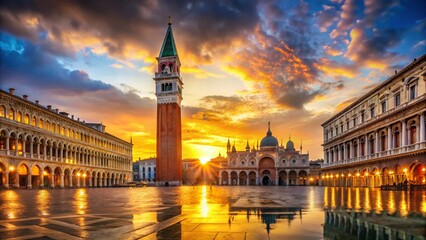 Fototapeta premium Venice Sunset Panorama: St. Mark's Square & Campanile from the Basin