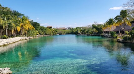 Idyllic Tropical Lagoon in Riviera Maya, Mexico: Crystal Clear Waters, Lush Palm Trees, and Tranquil Atmosphere