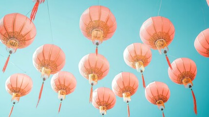 Pink lanterns hanging against a clear blue sky.
