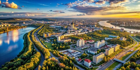 Fototapeta premium Aerial View of Perm, Russia: Ural Mountains Cityscape Drone Photography