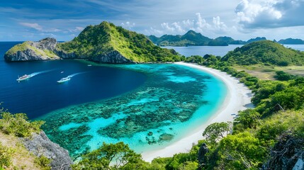 Obraz premium Stunning tropical landscape, vibrant blue waters meeting sandy shores, lush green hills in the background, ideal for relaxation themes.