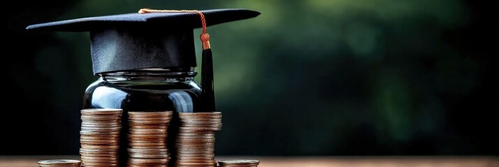Graduation Cap on a Jar of Coins Surrounded by Stacks of Coins Symbolizing Education Savings and Financial Future