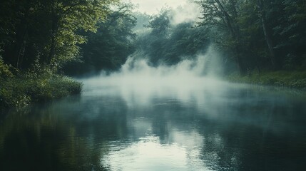 A calm river flowing through a dense forest, with mist rising from the cool water.
