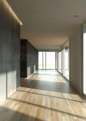 Obraz premium Modern hallway with large windows and wooden flooring, showcasing natural light and minimalist design. concrete wall adds contemporary touch to space