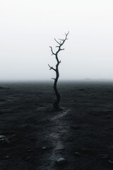 Solitary Dead Tree in a Misty Landscape