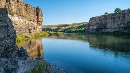 A calm river nestled between cliffs, with clear skies and a beautiful natural backdrop.