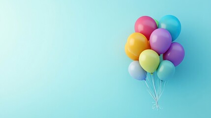 Colorful balloons float on blue background, party celebration,  greeting card design