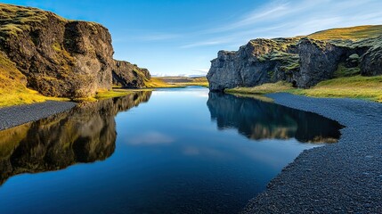 Obraz premium A calm river nestled between cliffs, with clear skies and a beautiful natural backdrop.