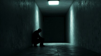 Obraz premium Contemplative Figure in Dark Hallway - Cinematic Image of Introvert in Thoughtful Moment with Soft Overhead Light | Ultra-Detailed Stock Photo Concept