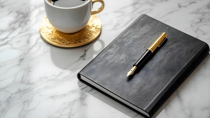  biurko, minimalistyczny, marmur, biały, złoty, czarny, notes, długopis, ekspres do kawy, profesjonalizm, elegancja, luksusowy, nowoczesny, prostota, przestrzeń robocza, inspiracja, harmonia, styl biu