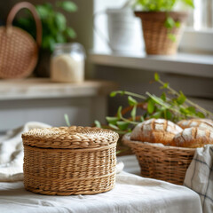 Obraz premium woven basket sits on table, surrounded by fresh bread and greenery, creating warm and inviting kitchen atmosphere