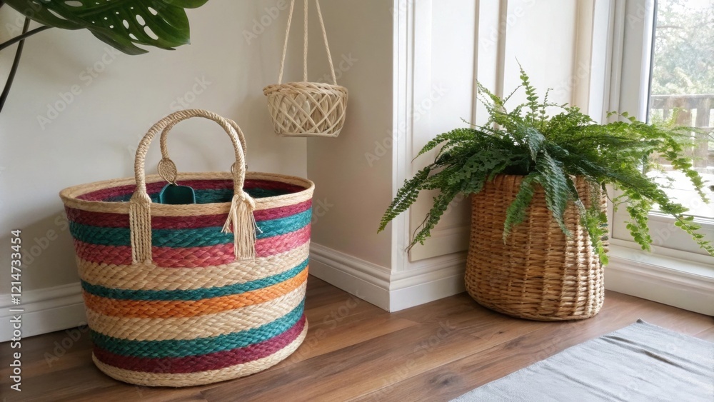 Aufkleber a large colorful woven basket sits in a corner adding both style and practicality for storing throws