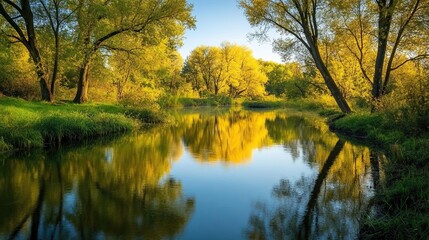 Fototapeta premium A picturesque river reflecting the surrounding trees and nature, creating a mirror effect.