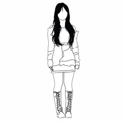 Monochrome Illustration of Woman in Fashionable Outfit with Long Hair