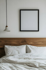 Minimalist Bedroom Interior Design: White Bedding, Wooden Headboard, and Empty Frame