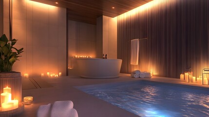 Serene spa interior, tranquil atmosphere with warm lighting, elegant water features, perfect for relaxation and wellness.