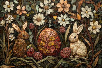 Colorful mosaic with rabbits, flowers and Easter eggs. Festive Easter composition
