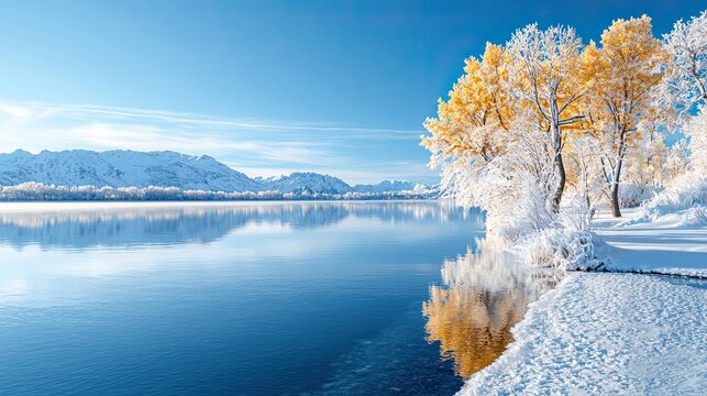 Winter serenity at lake snowy landscape nature