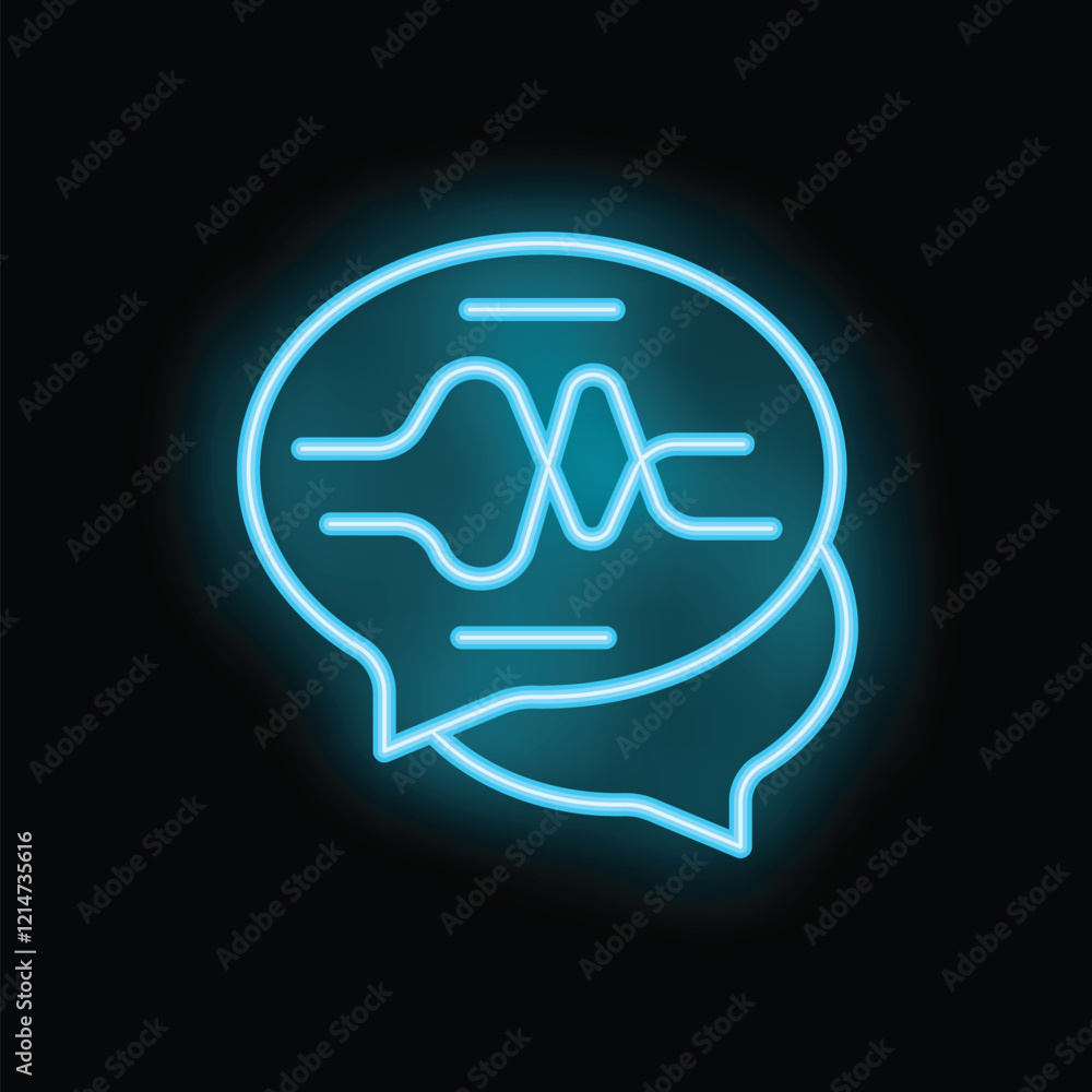 Poster glowing neon icon of a voice message being sent through a chat app, perfect for showcasing audio com