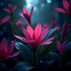 Fototapeta premium Enchanting Neon-Lit Tropical Flora Macro Photography in Lush Forest