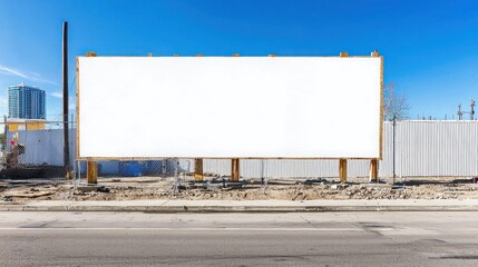 Obraz premium Industrial construction site fence featuring a blank white advertising banner for potential marketing and promotional use.