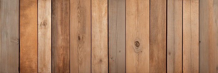 Naklejka premium Panorama of rustic light brown wooden planks. Natural wood grain texture visible. Vertical wood boards form wall panel. Background simple, neutral. Great for design projects. Wooden surface ideal for