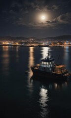 Fototapeta premium Dark waters of Algeciras seaport illuminated by full moon light, harbor, ocean