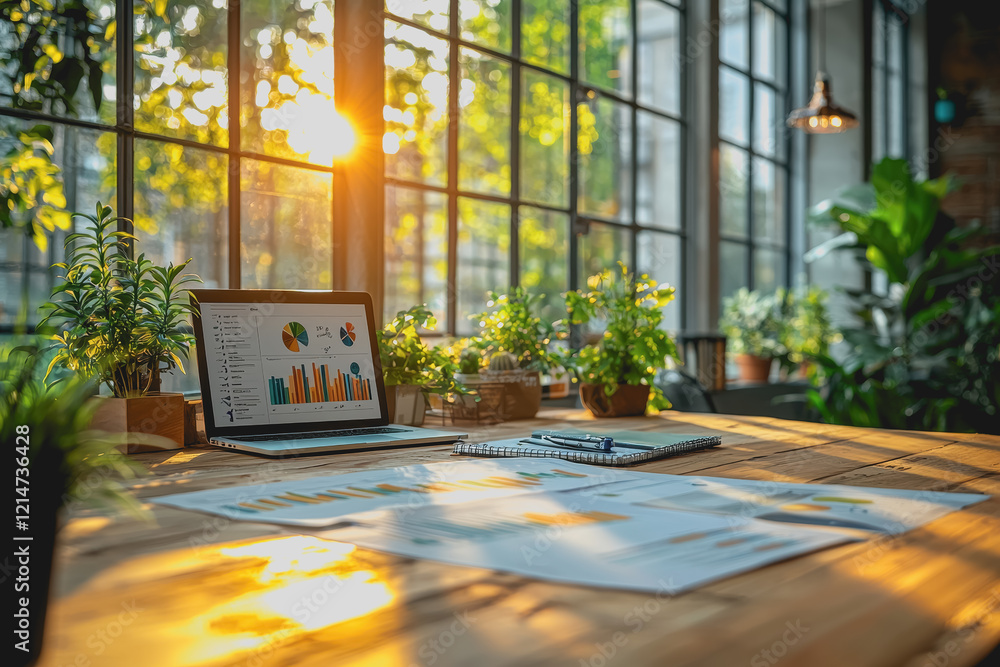 Poster laptop computer on wooden table with natural lighting in modern workspace setting for remote work or
