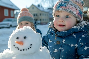 Winter amusement with snowflakes: cute two juvenile boy makes a
