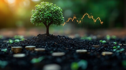 A young tree growing from fertile soil, surrounded by coins, with an upward trending graph illustrating financial growth, symbolizing prosperity and environmental sustainability.