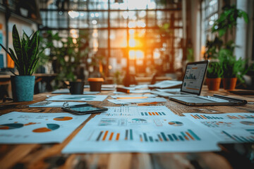 Table with papers laptops and office supplies displayed in a modern workspace setting for professional use