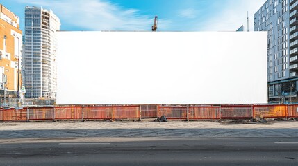 Construction site fence with a blank white advertising banner, providing a clean and versatile space for promotional purposes.