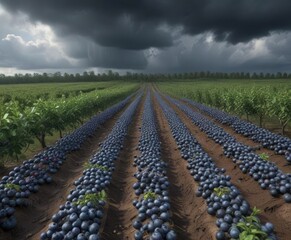 Dark clouds loom over rows of bursting blueberries ,  picking,  background,  ripe