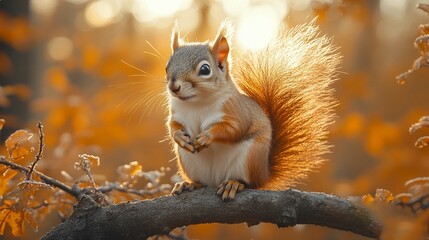 A squirrel sits on a branch with red berries,