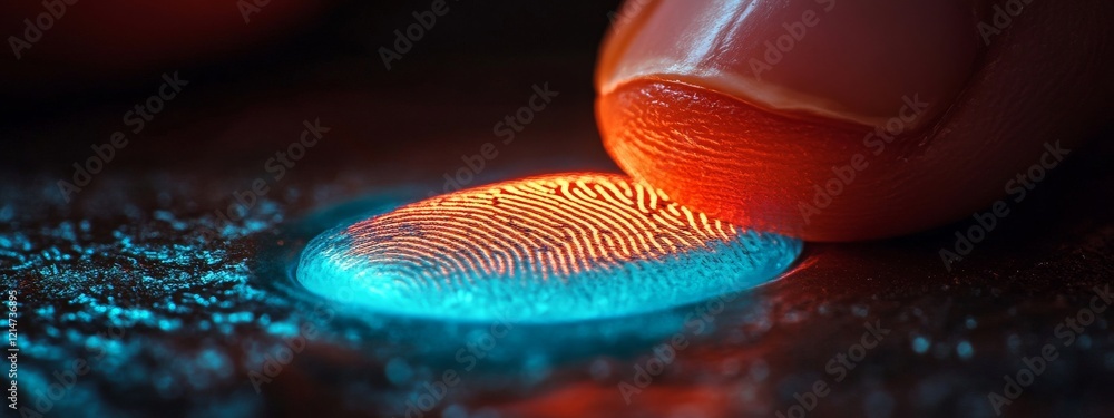 Poster on a dark screen, a blue fingerprint scan icon appears as a finger is scanned for biometric security