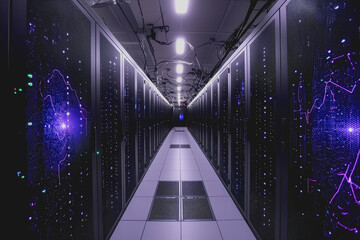 Long hallway lined with numerous servers and bright lights creating a tech environment for data processing and networking