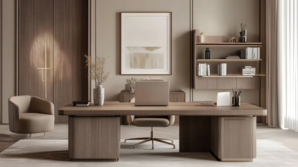 Stylish home office featuring a modern desk, comfortable chair, and soft natural light.
