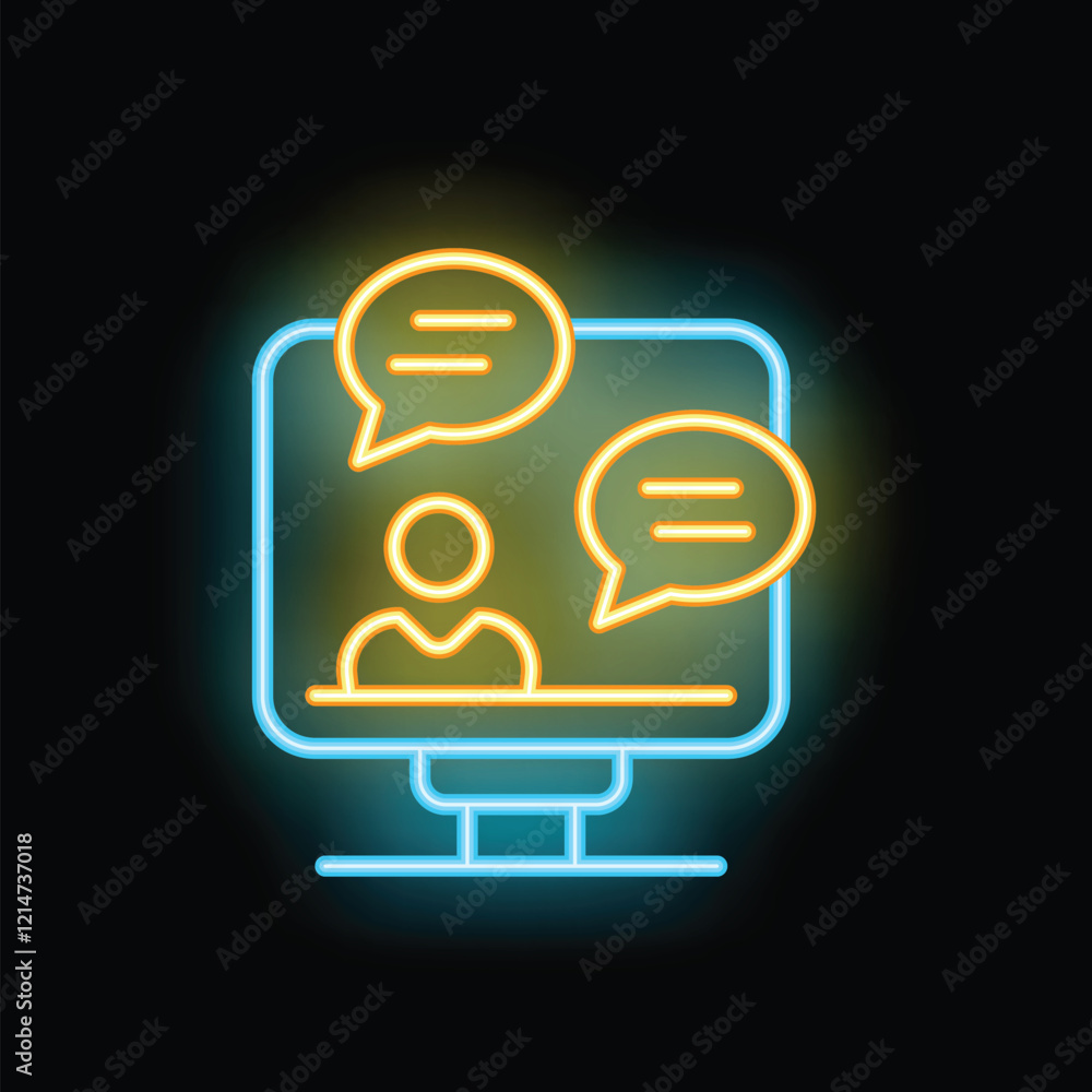 Poster neon icon of a person video conferencing on a computer with speech bubbles, representing online comm