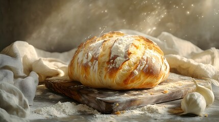 chleb, pieczywo, rustykalny, drewniana deska, lniana tkanina, mąka, świeżo upieczony, harmonia, prostota, elegancja, styl rustykalny, naturalność, ciepłe światło, kuchnia, jedzenie, neutralne kolory, 