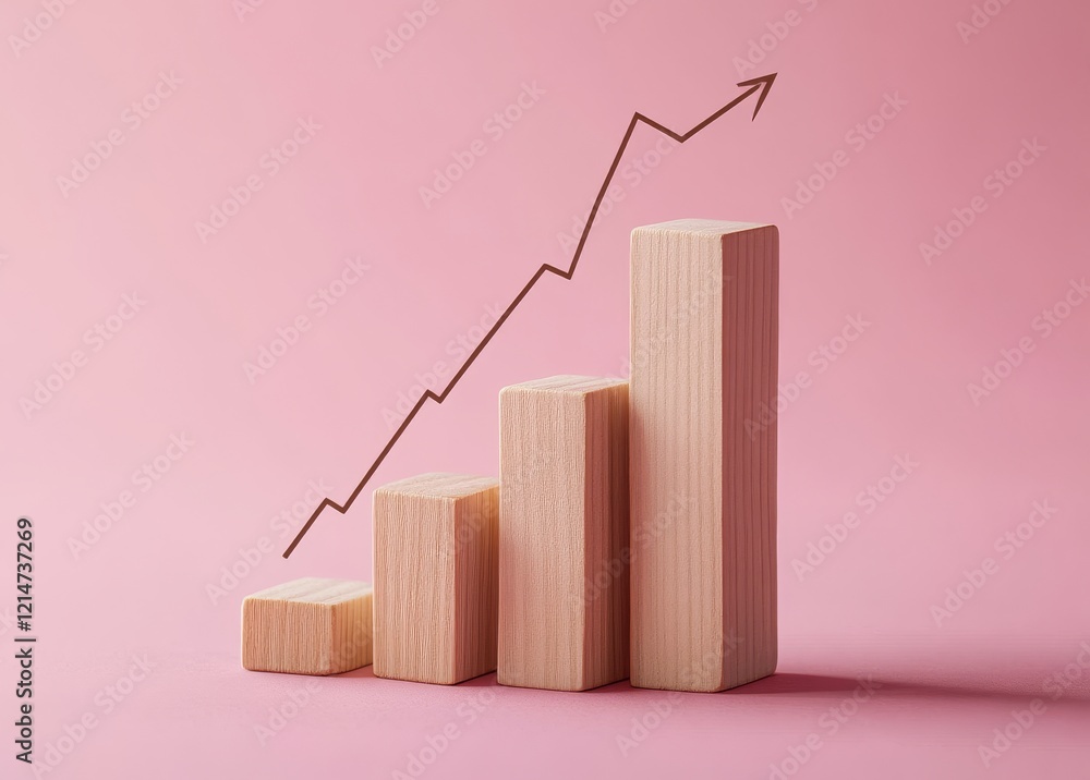 Aufkleber wooden cube blocks with an upward arrow and a 3d red bar graph displaying percentage growth, includi
