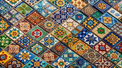 Fototapeta premium Vibrant Colorful Patchwork Tile Closeup: Intricate Geometric Design Aerial View