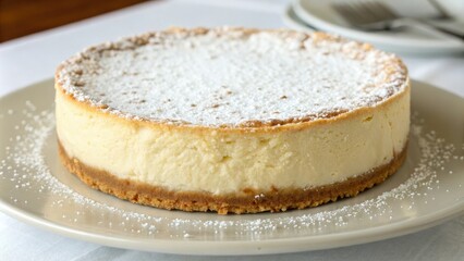 Creamy cheesecake with a golden crust and a sprinkle of powdered sugar, rich flavors, crunchy texture, sweet treats